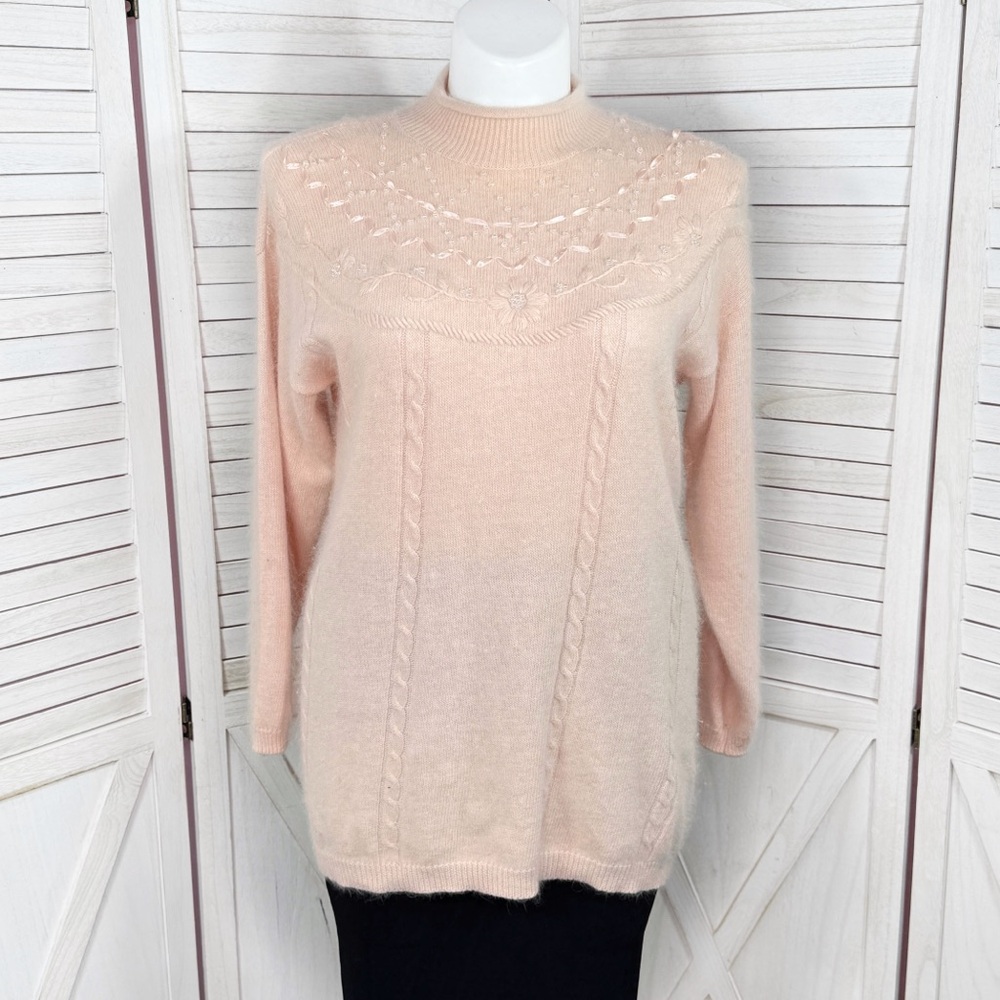Vintage Diana Marco Beaded Angora Blend Mock Neck Tunic‎ Sweater Pink 14 16